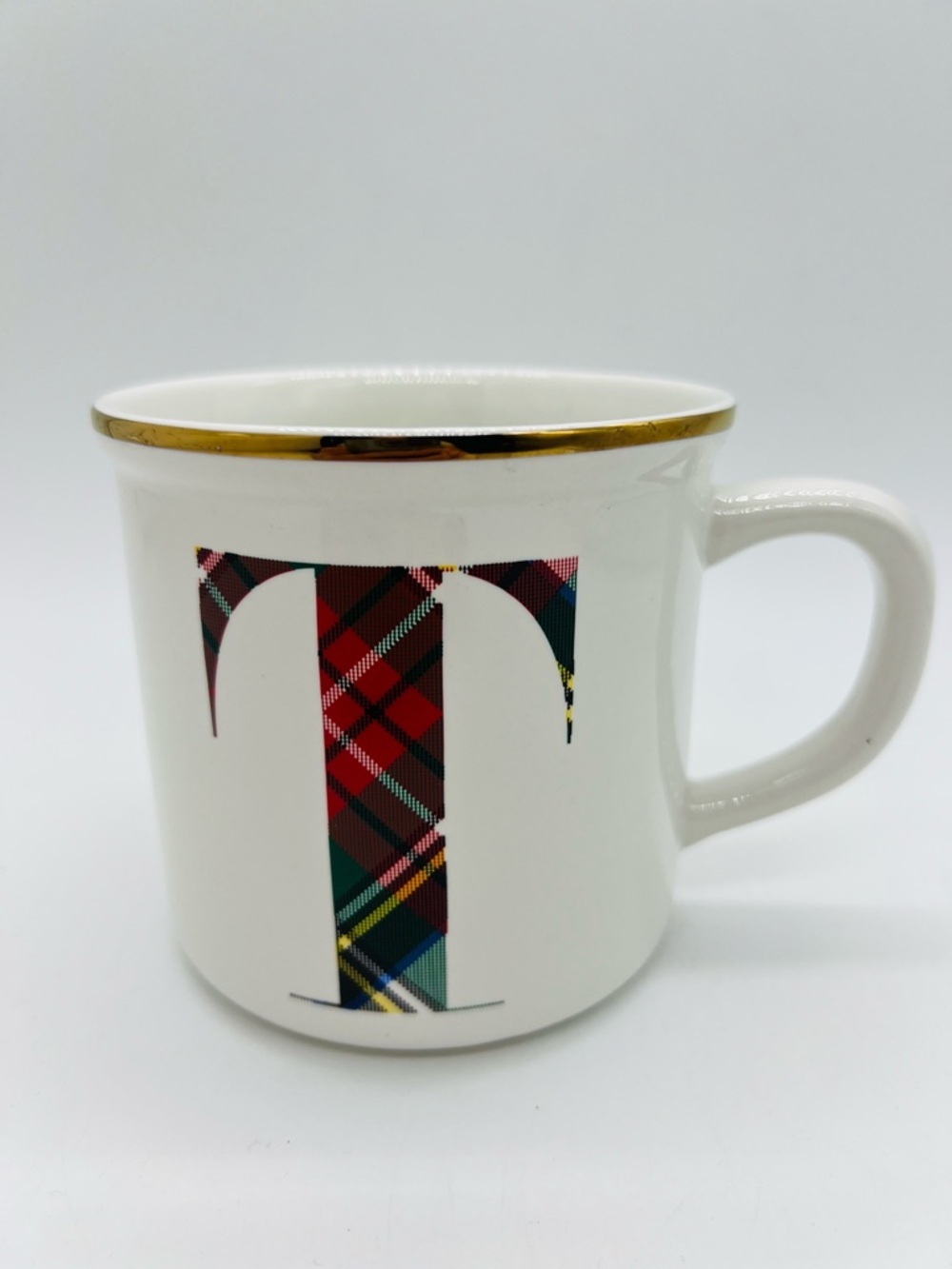 Pottery Barn White Mug with Red & Green Stewart Plaid T and Gold Rim